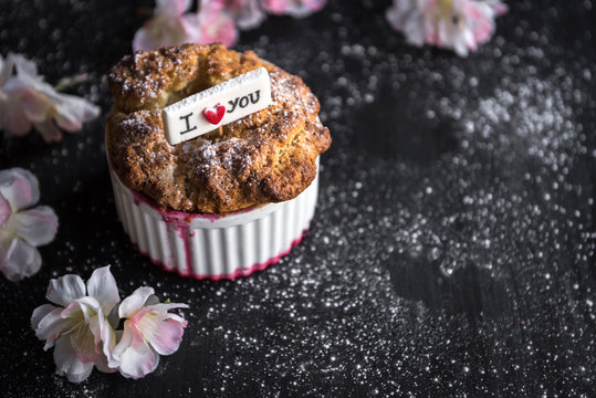 Raspebrries souffle with I love you sign,selective focus and blank space