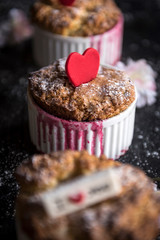 Raspebrries souffle with heart on the top,selective focus