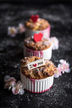 Raspebrries souffles with love signs served on the table,selective focus