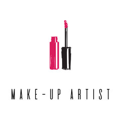 Beauty studio concept. Makeup artist fashion logo design. Lettering illustration. Lip gloss and lipstick icon