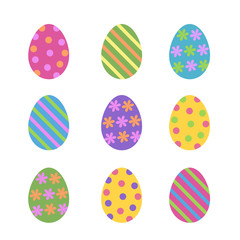 set of cute various colorful painted easter eggs decorated stripes, dots and flowers, flat vector icon