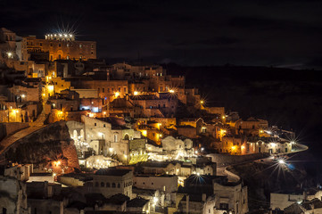 night detail of the hillside with the Matera's Stones in foreground. Italy