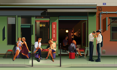 People sitting at tables outside bar