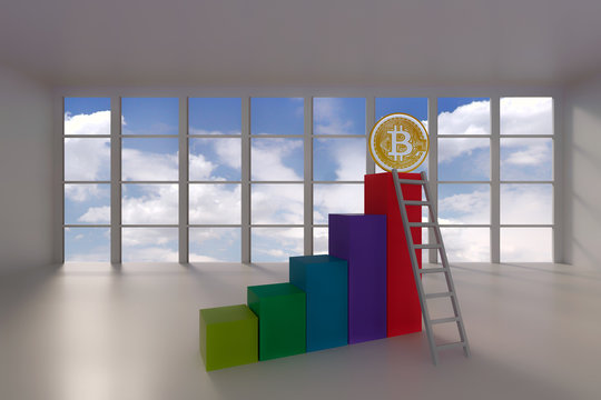 3d rendering of abstract growth bar chart blocks with bitcoin and laddar in room