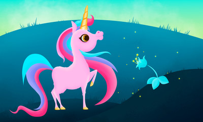 Cute pink unicorn smiling and magic flower © Marharyta Pavliuk