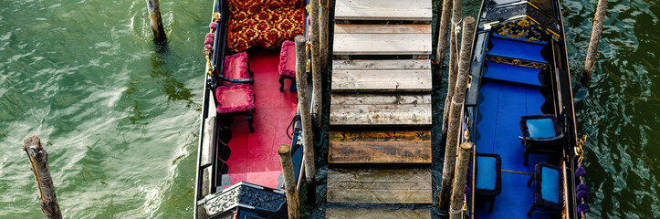 Gondolas parked near St. Marks Square of Venice, Italy