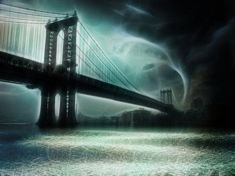 Tornado NYC Illustration. Manhattan Bridge