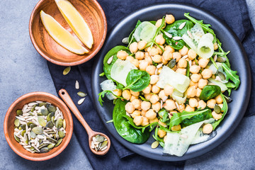 Salad chickpea with greens and seeds.Vegetarian healthy food plate.