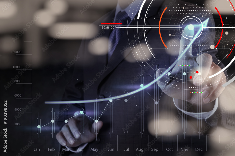 Aufkleber Concept of focus on target with digital diagram,graph interfaces,virtual UI screen,connections netwoork.Hipster finance analist working at trendy office