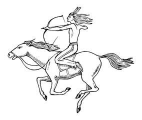 National American Indian riding horse with spear in hand. traditional man. engraved hand drawn in old sketch.