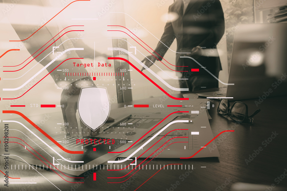 Poster data security system shield protection verification concept with computer halogram scanning on data 