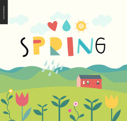 Spring lettering and landcape with hills, house, plants and rain