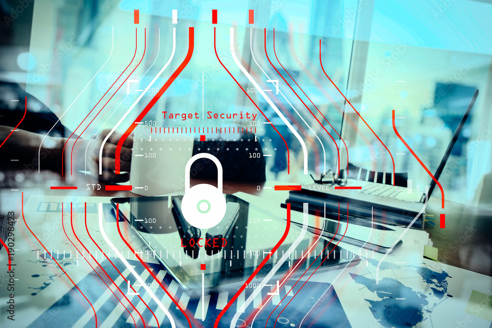 Poster double exposure of businessman hand working with new modern computer and business strategy as concep