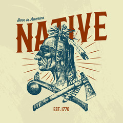 Native Indian traditions T-shirt. National American dreamcatcher. Knife and Ax, tools and instruments. engraved hand drawn in old boho sketch. man with feathers. ethnic symbol for print, label, emblem