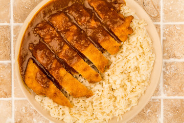 Japanese Style Breaded Chicken Katsu Curry With Boiled Sushi Rice
