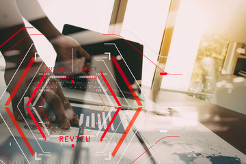 Online Reviews Evaluation Concept with computer halogram scanning on data of business and all new technology