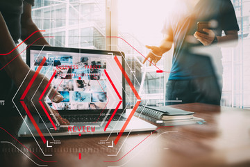 Online Reviews Evaluation Concept with computer halogram scanning on data of business and all new technology