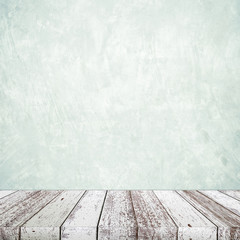 Empty perspective vintage white wood and green cement wall background, room, table top, shelf for product display montage background