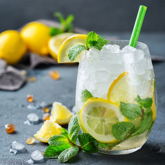 Cold alcohol mojito cocktail, long drink beverage, lemonade