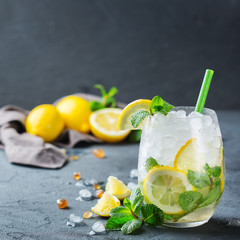 Cold alcohol mojito cocktail, long drink beverage, lemonade