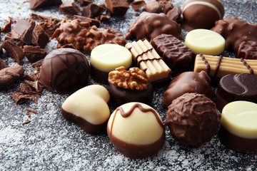 a lot of variety chocolate pralines, belgian confectionery gourmet chocolate