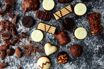 a lot of variety chocolate pralines, belgian confectionery gourmet chocolate