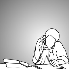 serious businessman using desk telephone with pen on his hand vector illustration doodle sketch hand drawn with black lines isolated on gray background. challenge business concept.