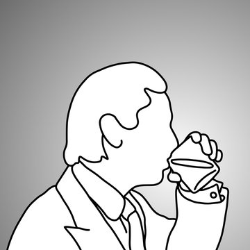 close-up businessman drinking alcoholic beverage with his glass vector illustration doodle sketch hand drawn with black lines isolated on gray background.