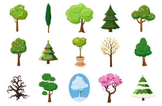Tree icon set, cartoon style