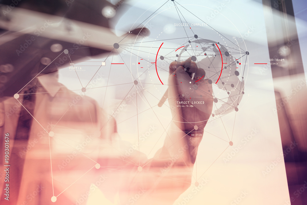 Poster concept of target focus digital diagram,graph interfaces,virtual ui screen,connections netwoork.hips