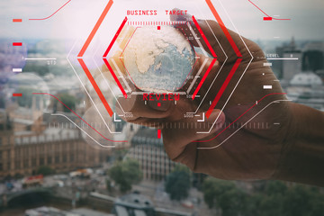 Online Reviews Evaluation Concept with computer halogram scanning on data of business and all technology