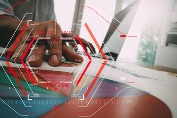 Online Reviews Evaluation Concept with computer halogram scanning on data of business and all new technology