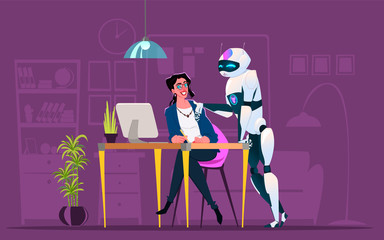 Business characters in different situation. Teamwork with robot. Robot discuss business deal with woman.