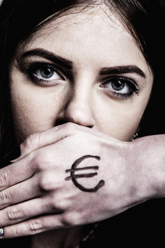I will not tell you anything. Silence tabu secret for the money. Woman covering the mouth with her hands. (Gestures, psychology, body language concept)