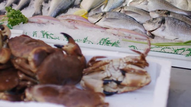 Camera pans from fish on ice to a moving crab on its back in a fishmonger