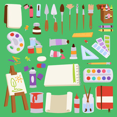 Painting vector artist tools palette icon set flat illustration details stationery creative paint equipment art canvas drawing symbol artist instrument for creativity decoration