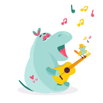 Vector image of a funny hippo playing ukulele