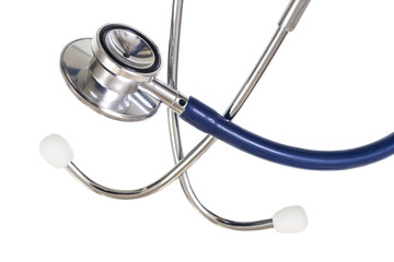 health concept. Medical conceptual: Blue Stethoscope on white background with space for text