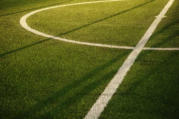 Keuken foto achterwand Voetbal green field of football or soccer sport with white circle line at start pitch background