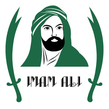 Silhouette of Imam Ali, the cousin and son-in-law of the Islamic prophet Muhammad and his swords named "Zulfiqar" in green color - Eps10 vector graphics and illustration
