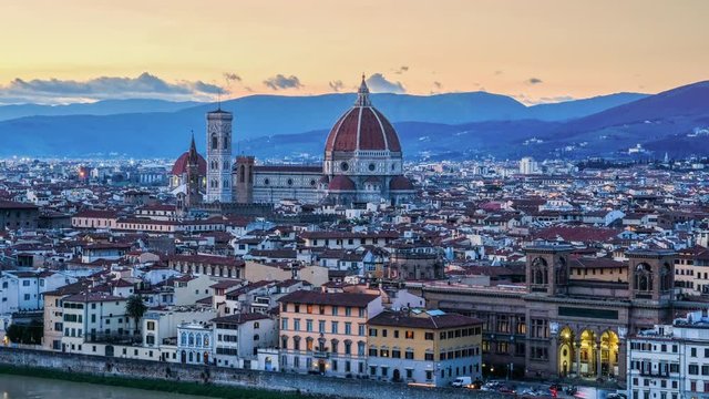 Time-lapse Aerial panoramic Cityscape view of Florence at sunset, Italy