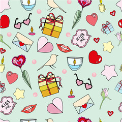 Vector seamless doodles Valentine's pattern. Cartoon romantic objects on white background. Love signs, design elements and symbols.