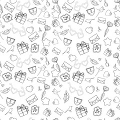 Vector seamless doodles Valentine's pattern. Cartoon romantic objects on white background. Love signs, design elements and symbols. Black and white illustration.