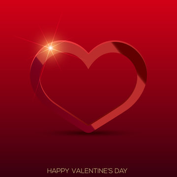 Valentine's day greeting card with glossy red heart on red background. Vector