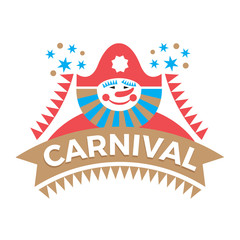 Design concept of carnival. Harlequin, flags, stars as elements of carnival. Vector icon for design of posters, greeting cards, greetings and invitations for carnival, festival, show