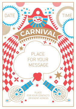 Carnival. Harlequin, tent, guns, salute as elements of the festival. Vector template for banner design, poster, greeting card or greetings for a festival, carnival, event or festive party with places 