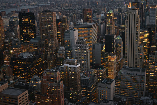 New York City, Big Apple. Aerial skyline, cityscape with building rooftops from rockefeller center. Manhatten, USA 2017.