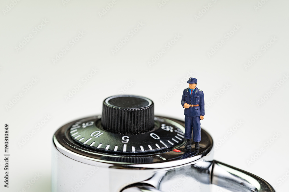 Aufkleber computer security impact on it business awareness concept, with miniature figure security guard stan