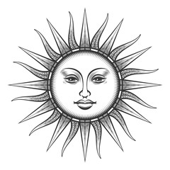 Engraved sun. Antique sun face scratching etching pagan universe symbol vector illustration