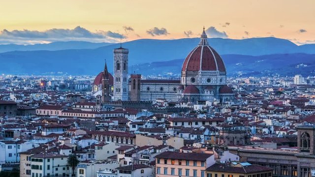 Time-lapse Aerial panoramic Cityscape view of Florence at sunset, Italy